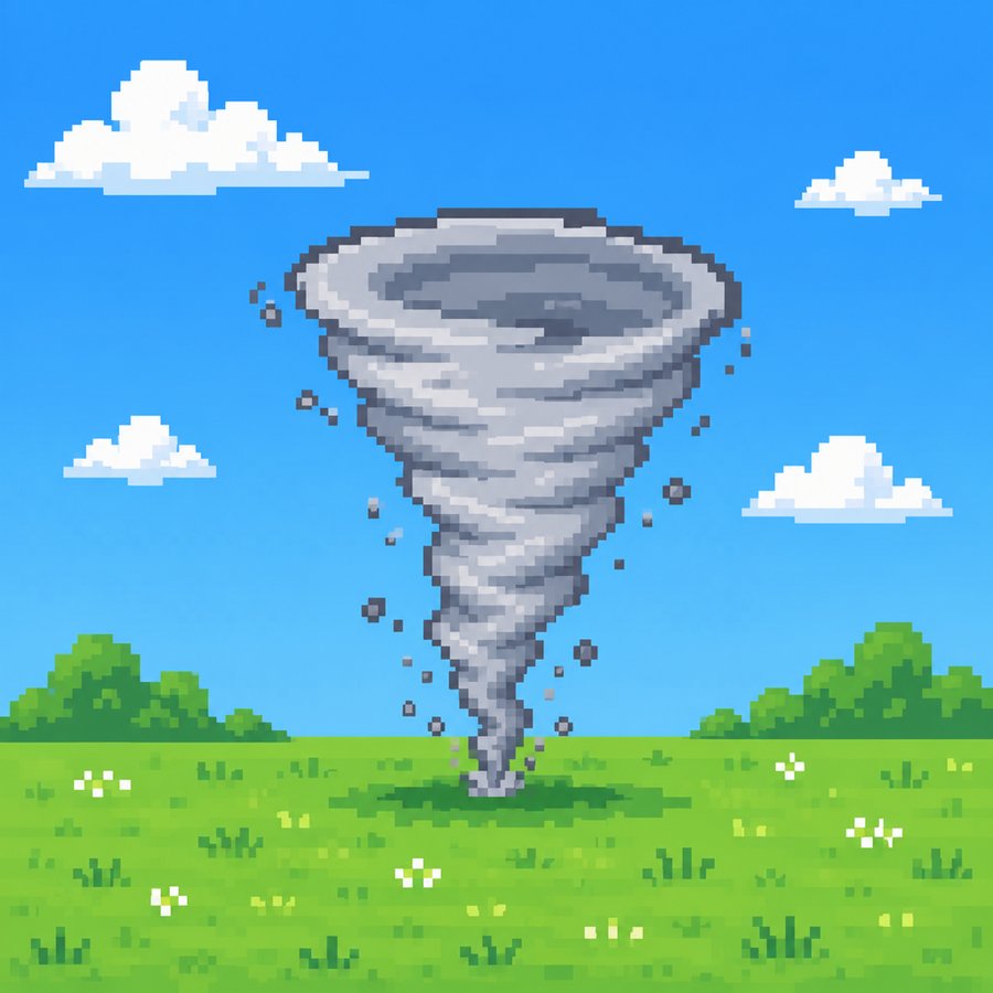 Pixel-art illustration of a tornado in a field