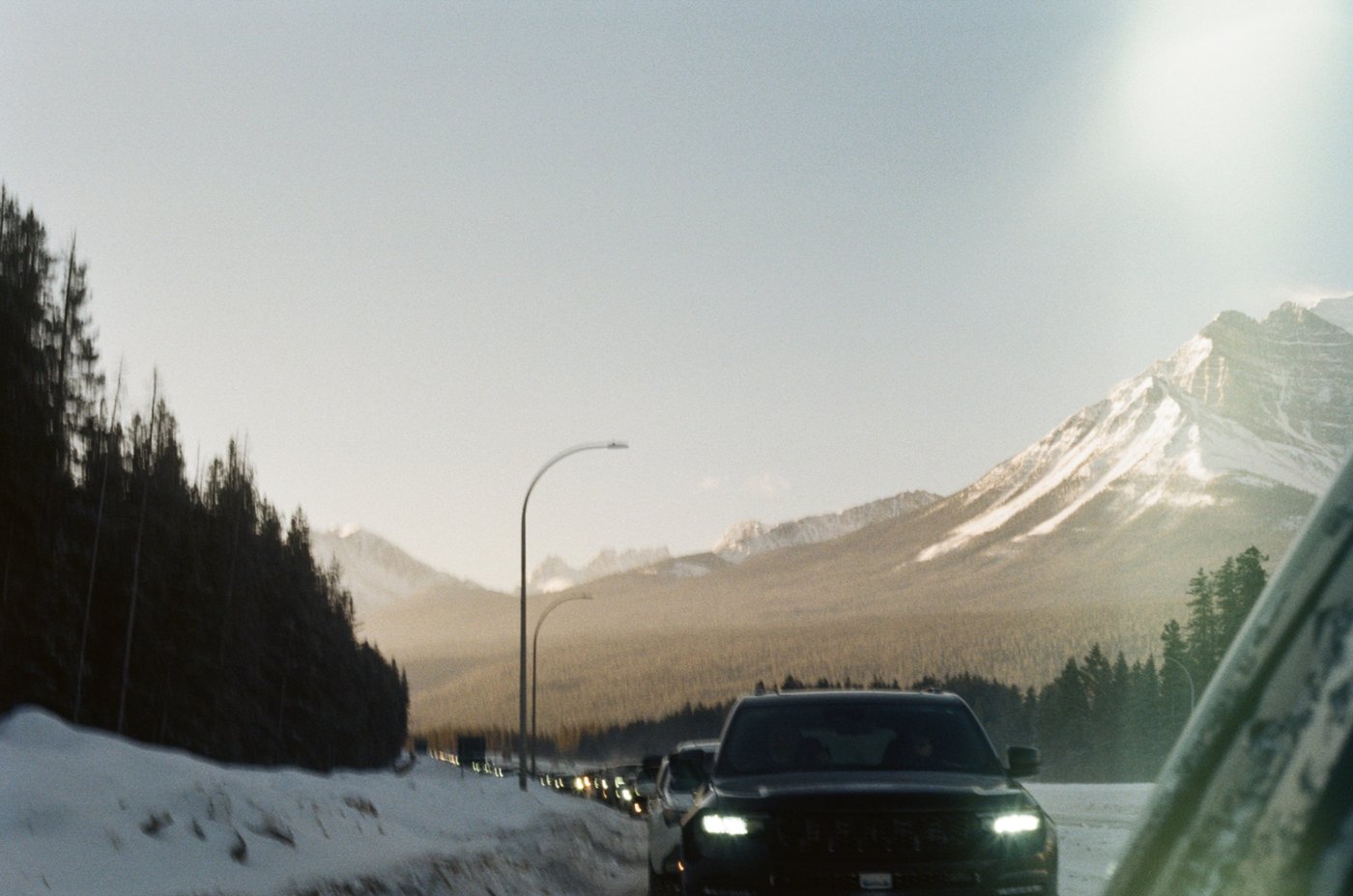 Snow-capped mountains along the highway