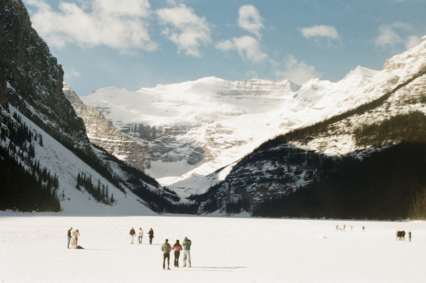 Frozen lake and snow-capped mountains in Banff