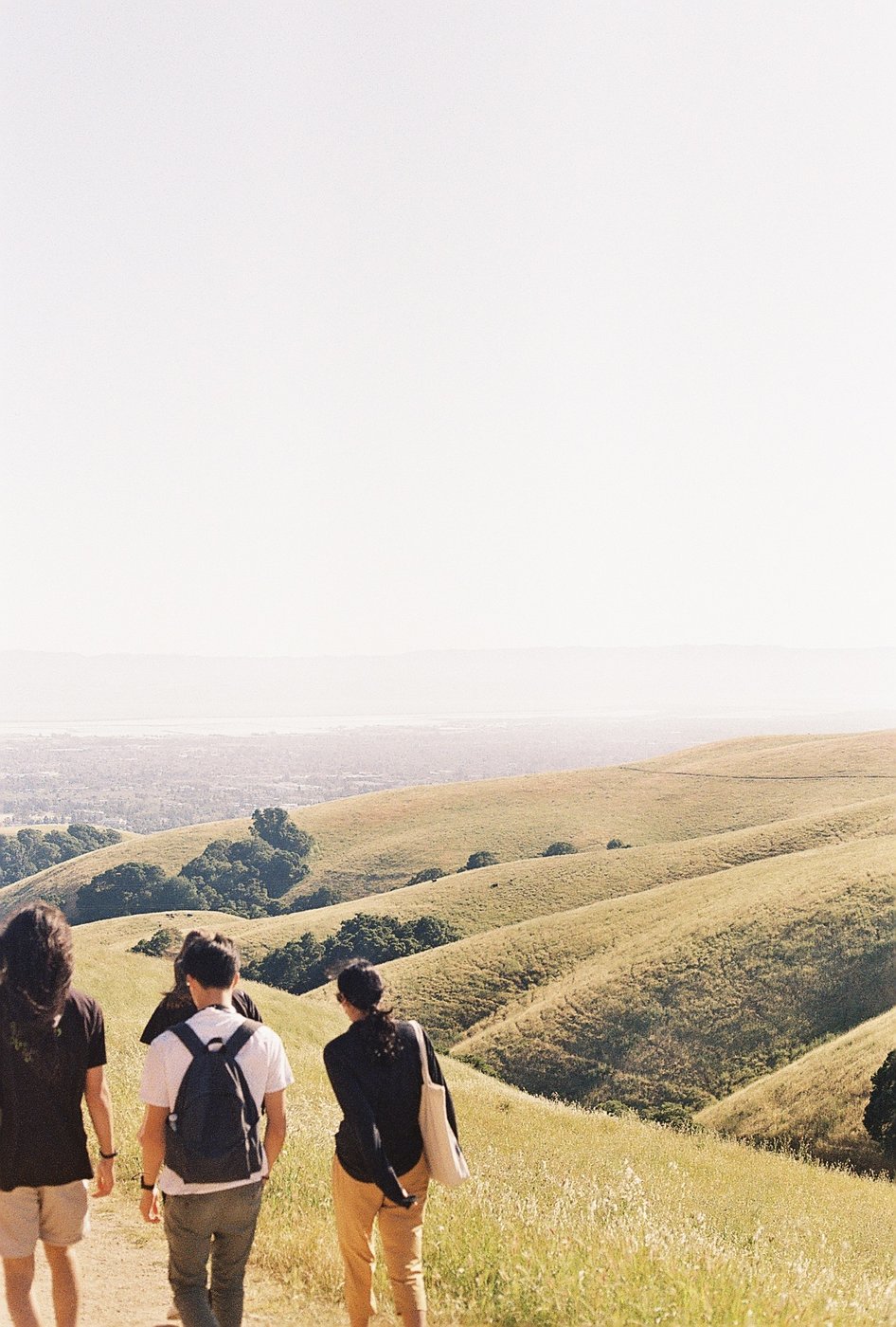 Friends walking along a grassy hillside trail