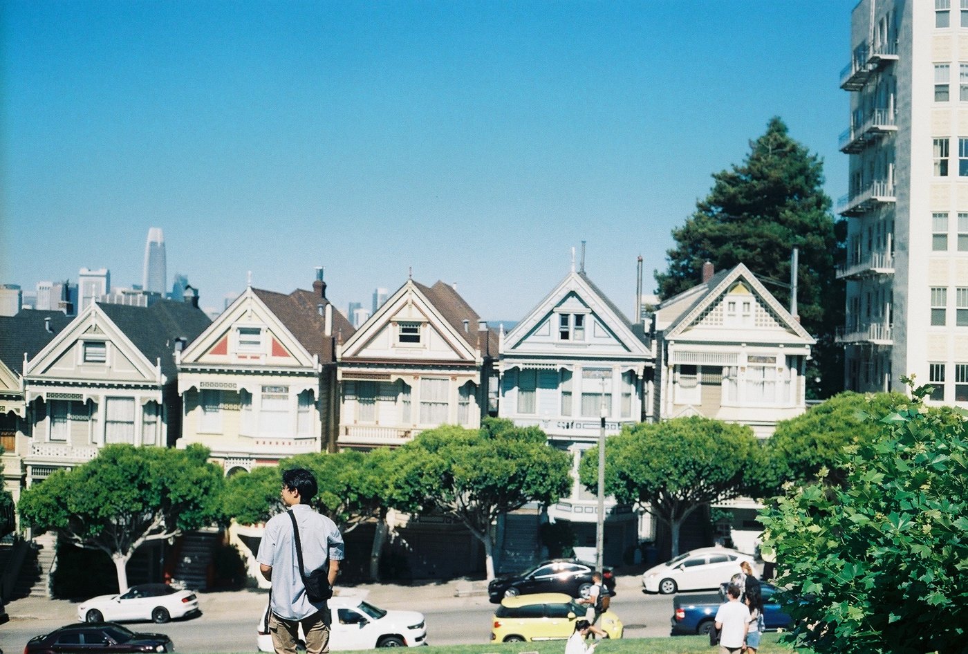 The Painted Ladies houses with people out front