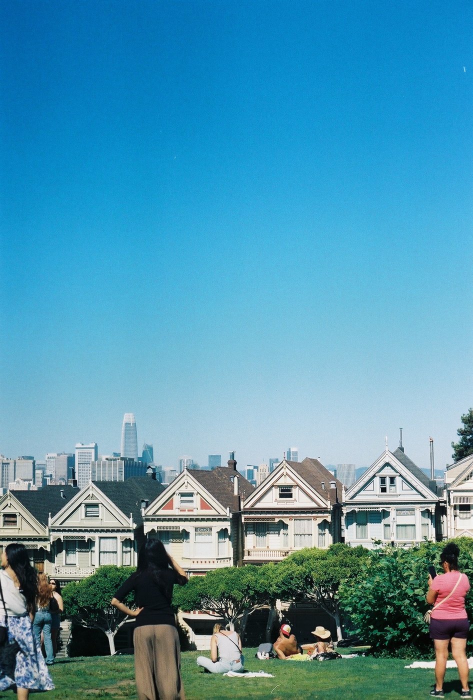 People relaxing on the grass in front of the Painted Ladies