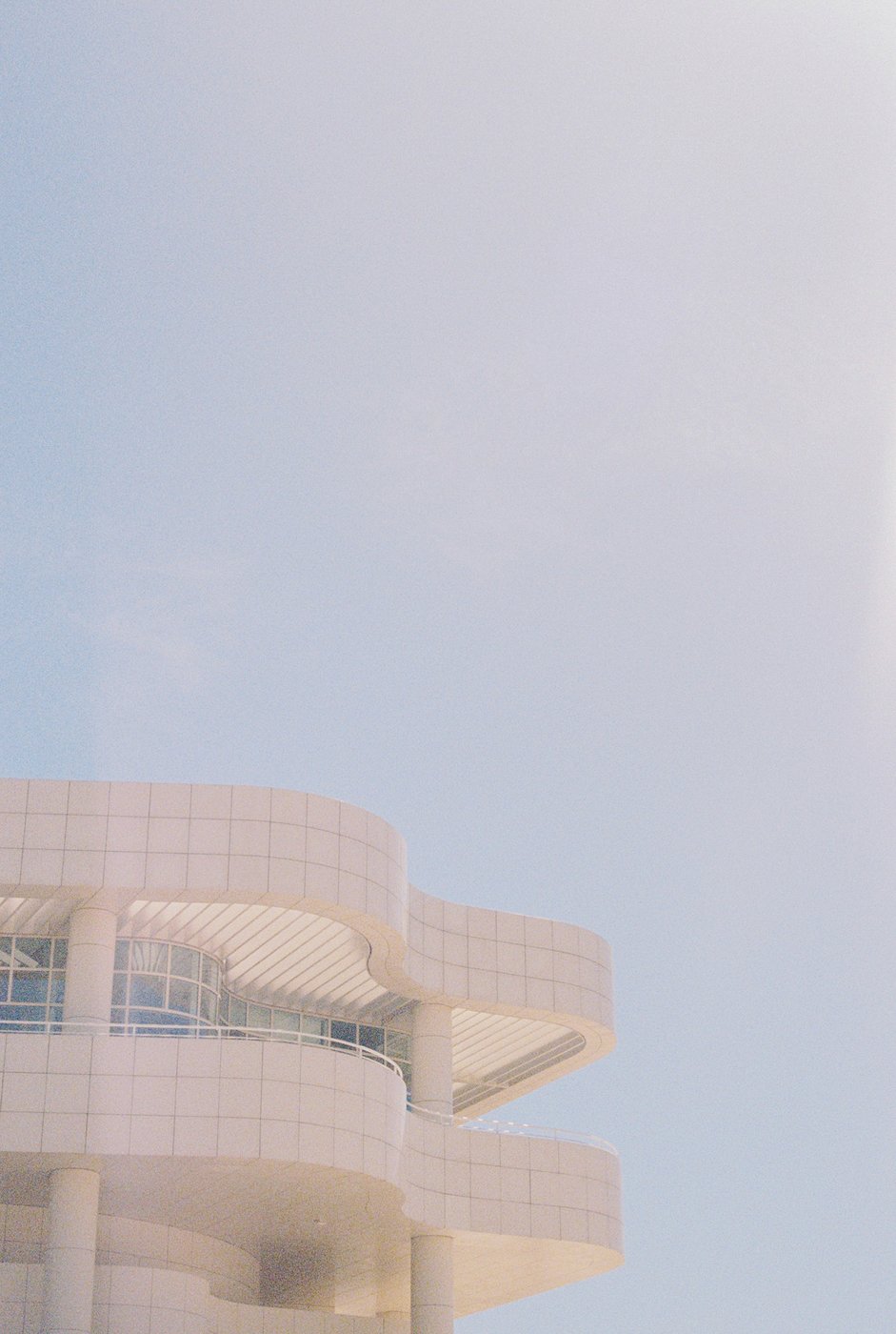 The Getty Center's architecture against a hazy sky